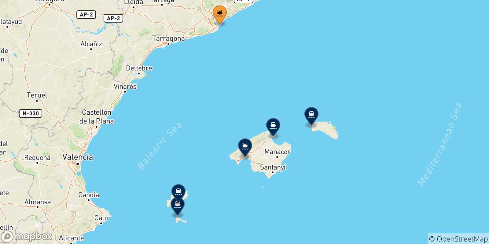 Carte des traversées possibles entre Barcelone et les Îles Baléares