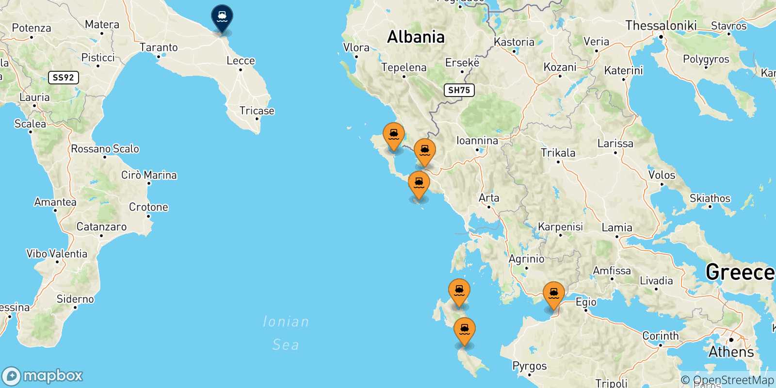 Carte des traversées possibles entre la Grèce et Brindisi