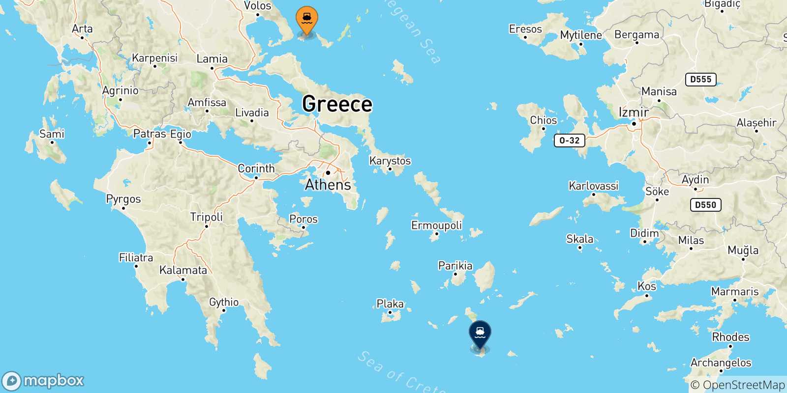 Carte des traversées possibles entre les Îles Sporades et Thera (Santorin)