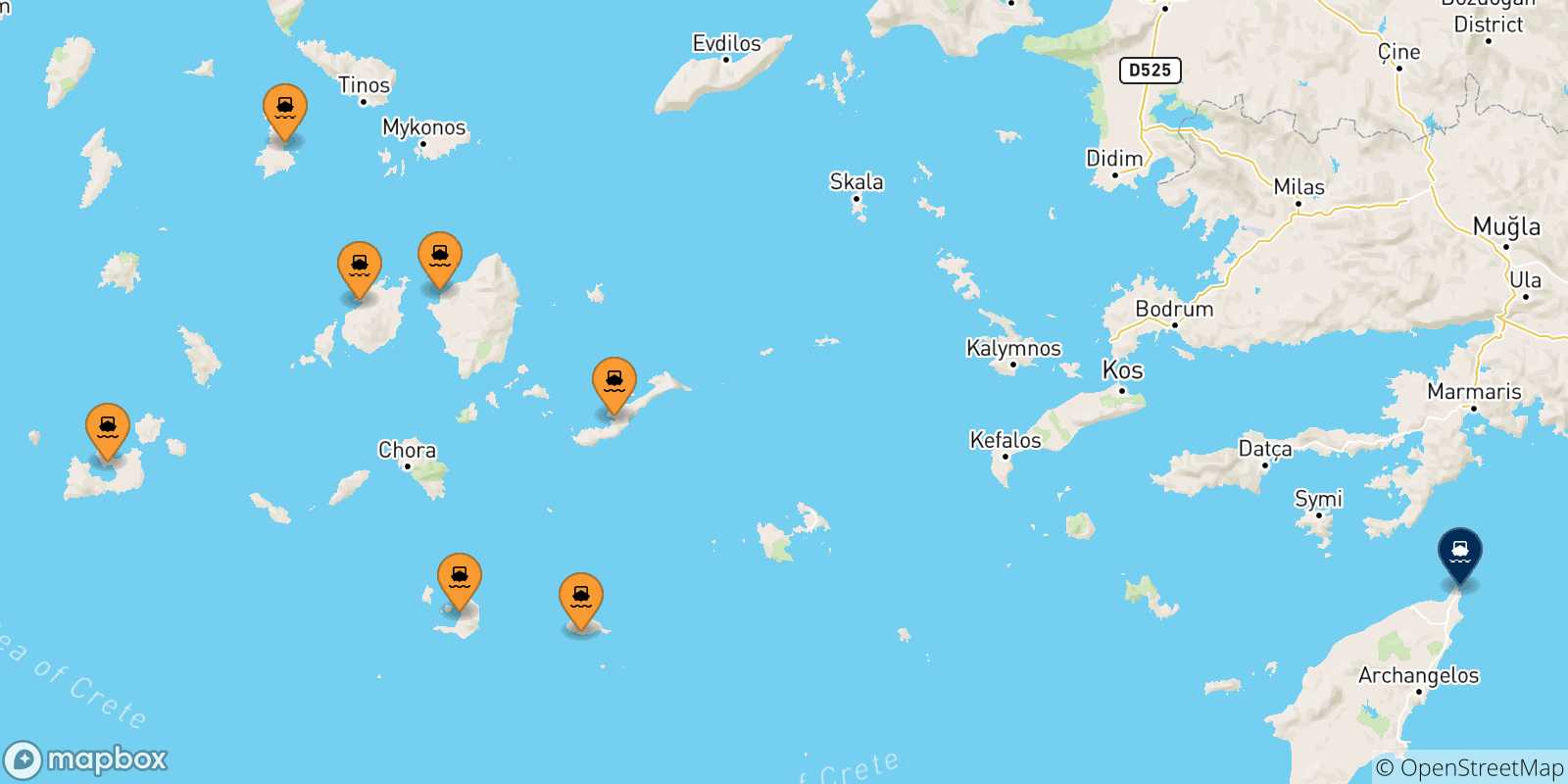 Carte des traversées possibles entre Îles Des Cyclades et Rhodes