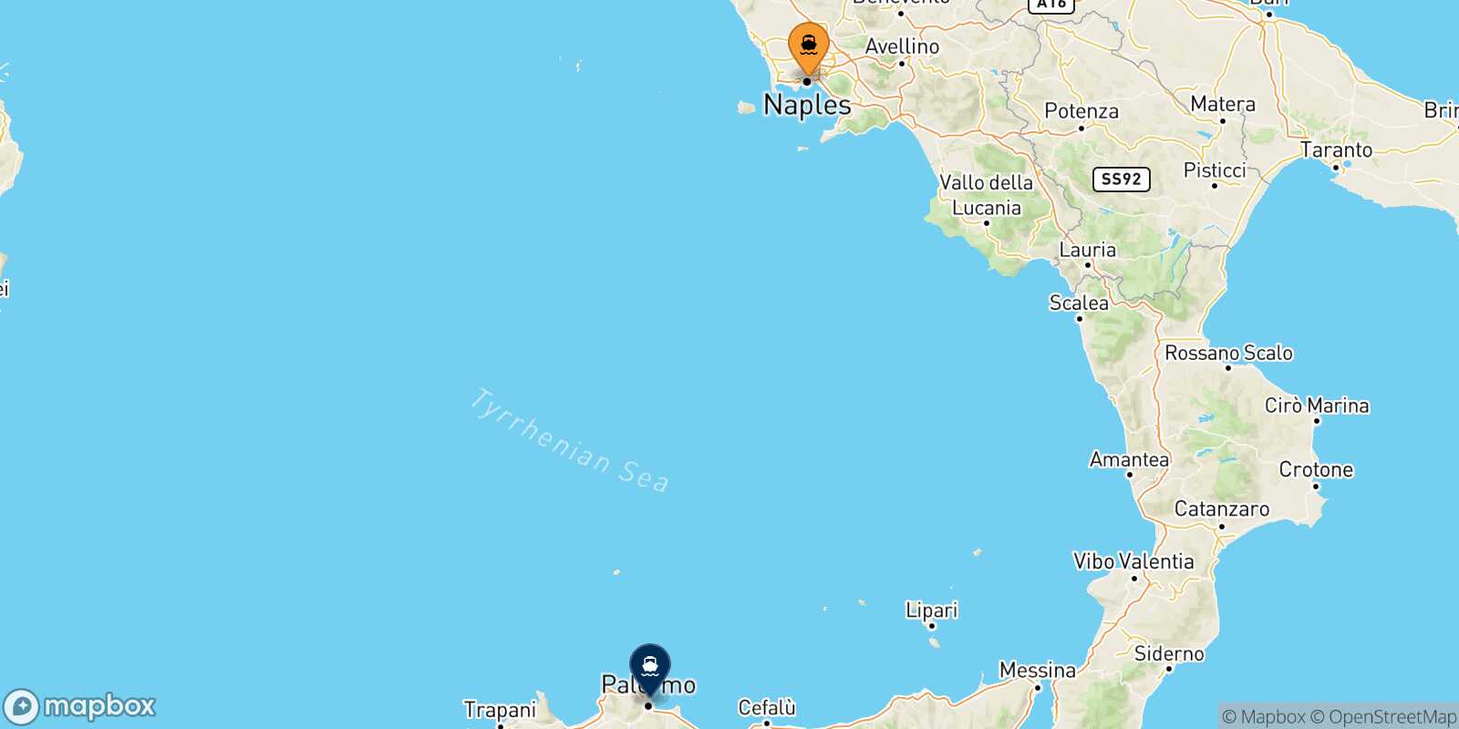 Carte des traverséesNaples Palerme