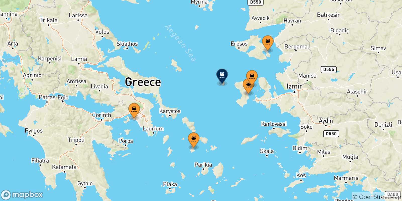 Carte des traversées possibles entre la Grèce et Psara