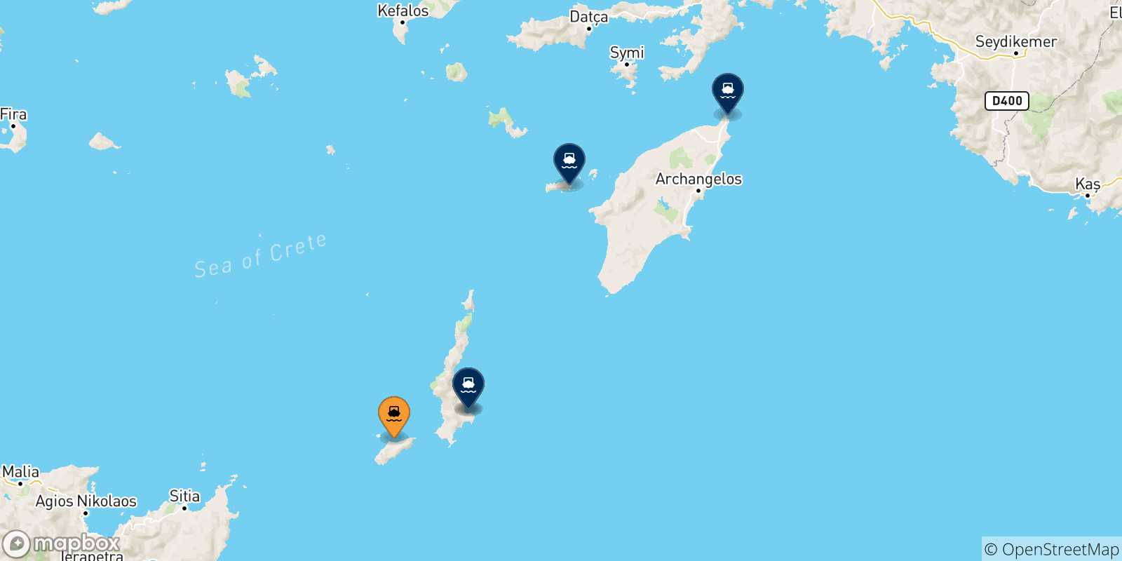 Carte des traversées possibles entre Kassos et Îles Du Dodécanèse