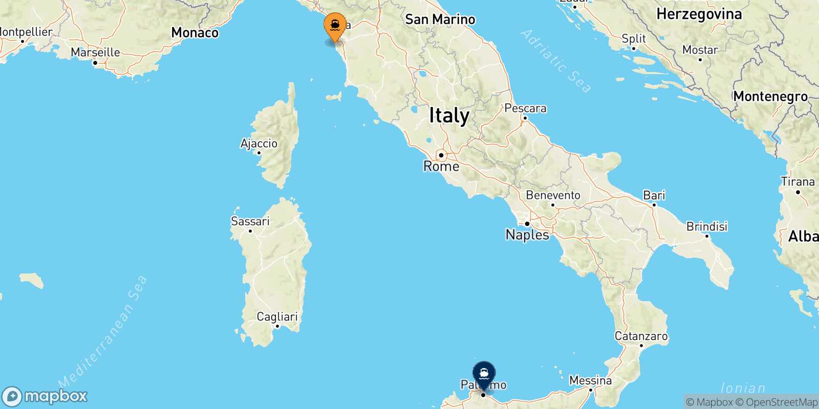 Carte des traverséesLivourne Palerme
