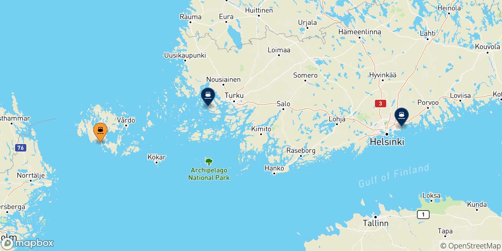 Carte des traversées possibles entre Mariehamn et la Finlande