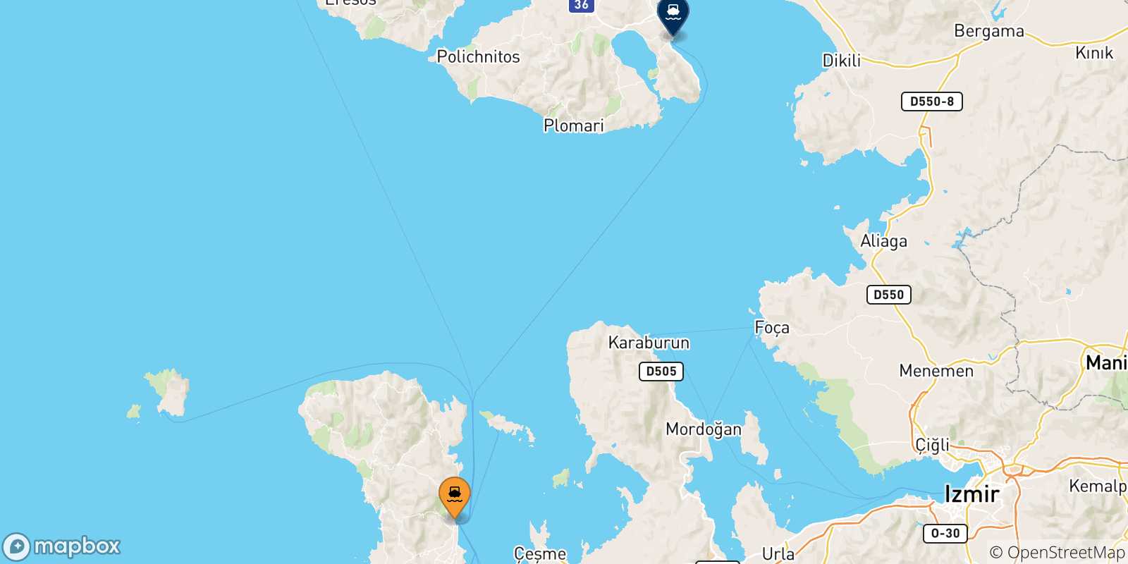 Carte des traversées possibles entre Mesta Chios et les Îles Égéennes