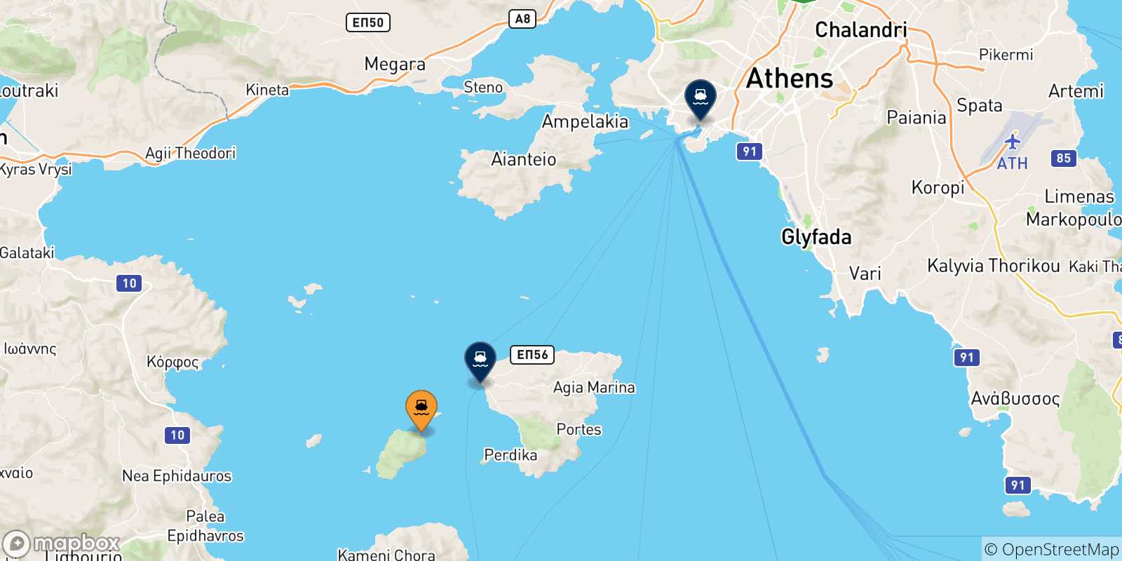 Carte des traversées possibles entre Agistri et la Grèce