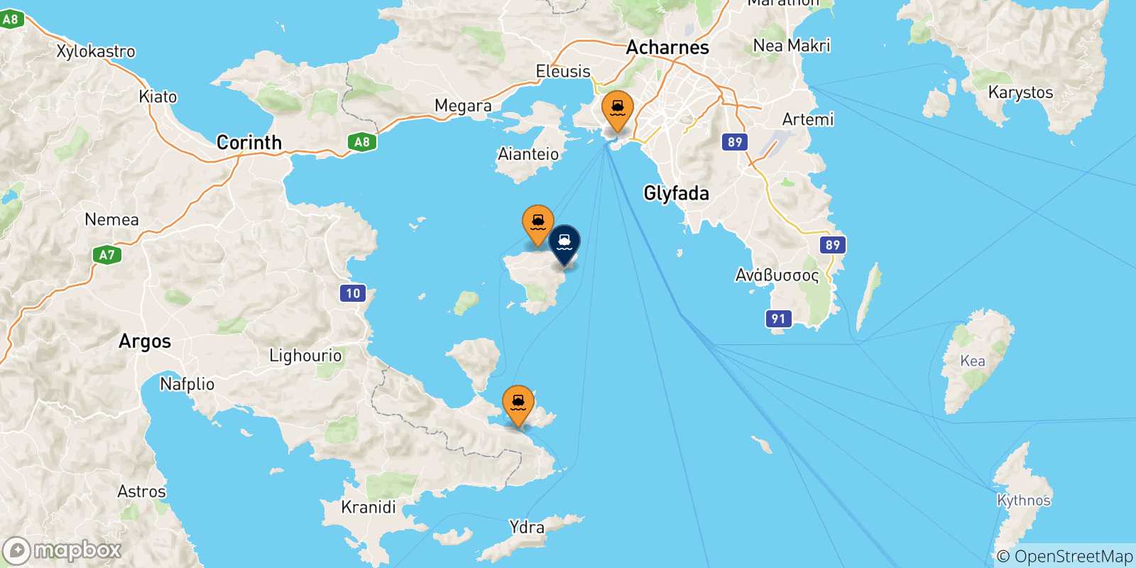 Carte des traversées possibles entre la Grèce et Agia Marina (Égine)