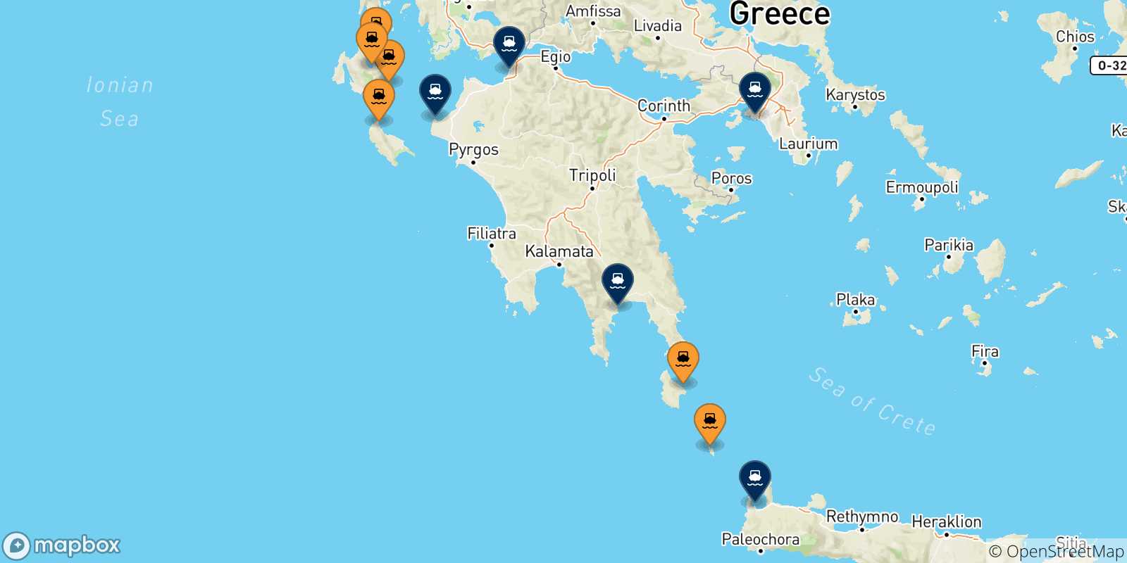 Carte des traversées possibles entre Îles Ioniennes et la Grèce