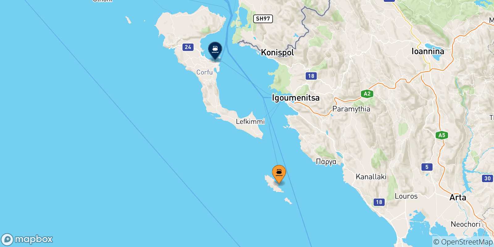 Carte des traversées possibles entre la Grèce et Corfou