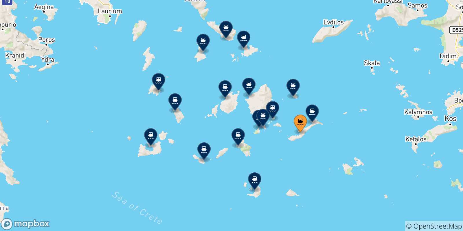 Carte des traversées possibles entre Katapola (Amorgos) et Îles Des Cyclades