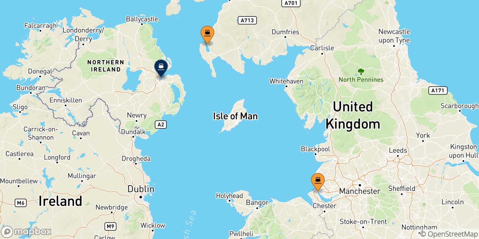Carte des traversées possibles entre le Royaume-uni et Irlande Du Nord