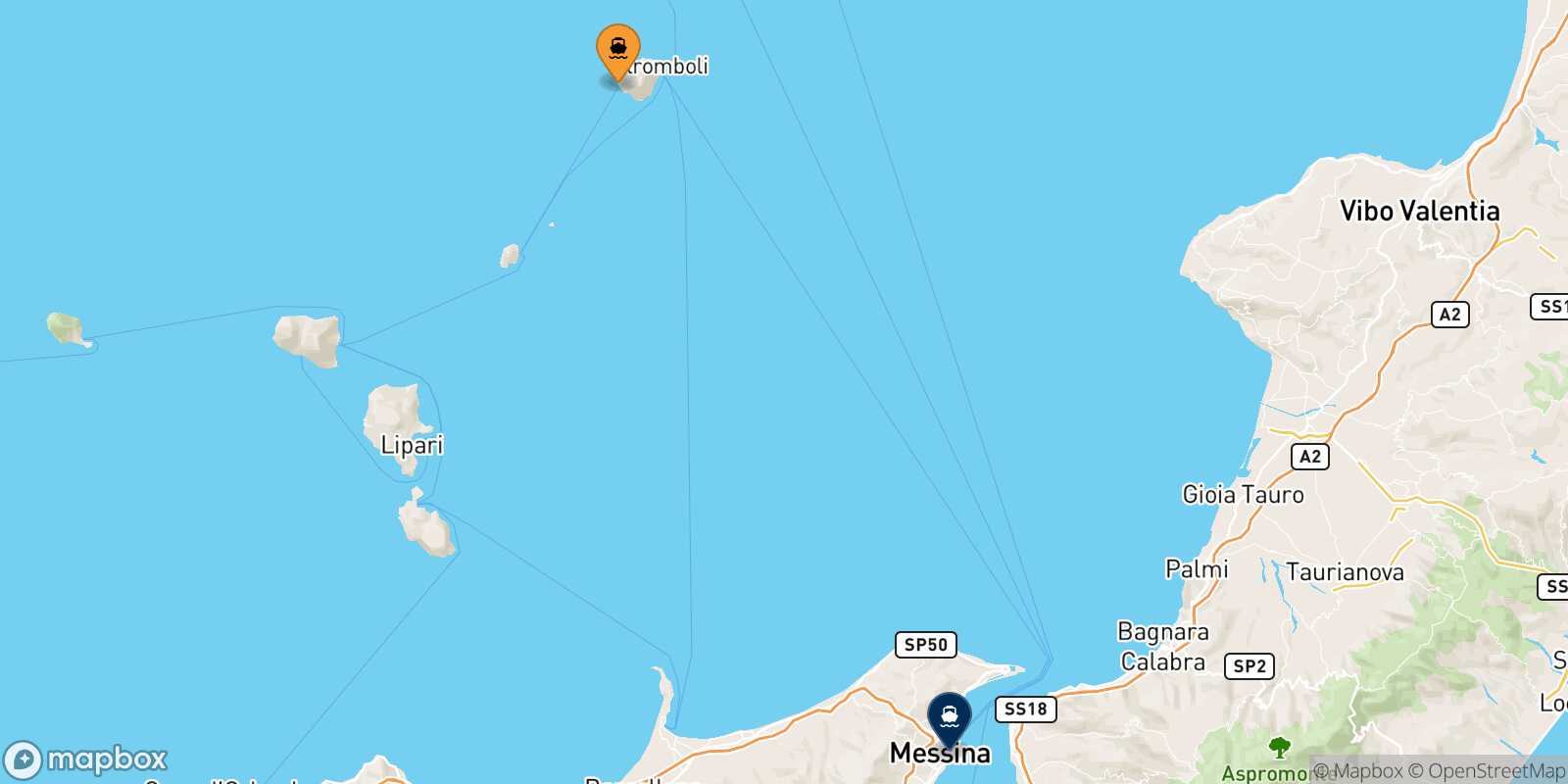 Carte des traverséesGinostra (Stromboli) Messine