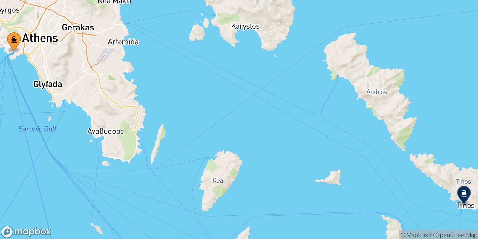 Carte des traverséesLe Piree Tinos