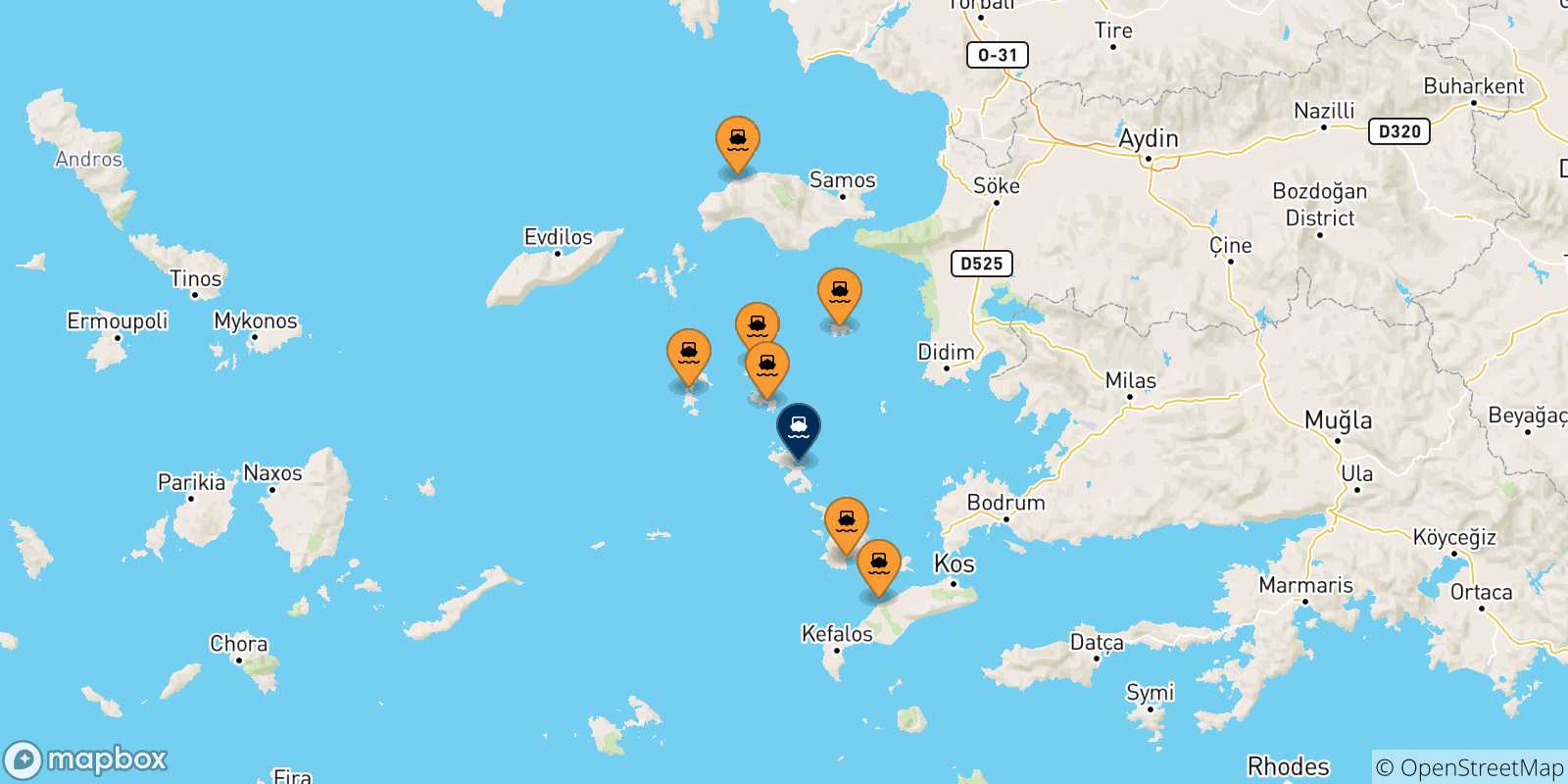 Carte des traversées possibles entre la Grèce et Agia Marina (Leros)