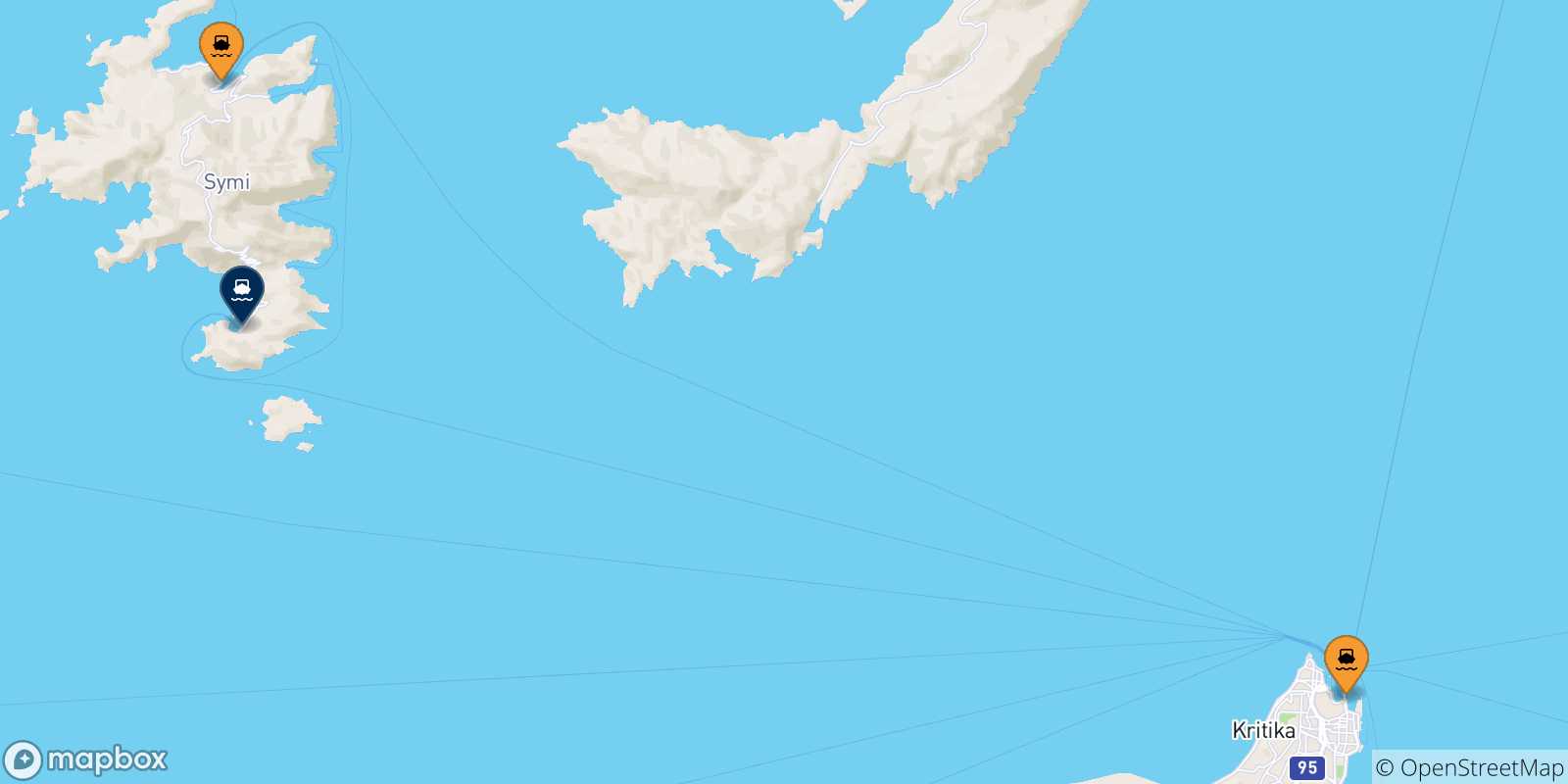 Carte des traversées possibles entre la Grèce et Panormitis (Symi)