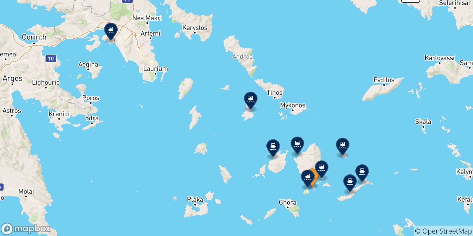Carte des traversées possibles entre Schinoussa et la Grèce