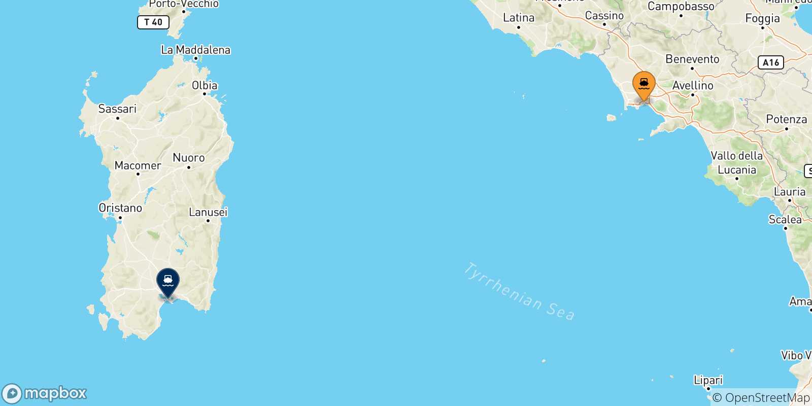 Carte des traversées possibles entre Naples et la Sardaigne