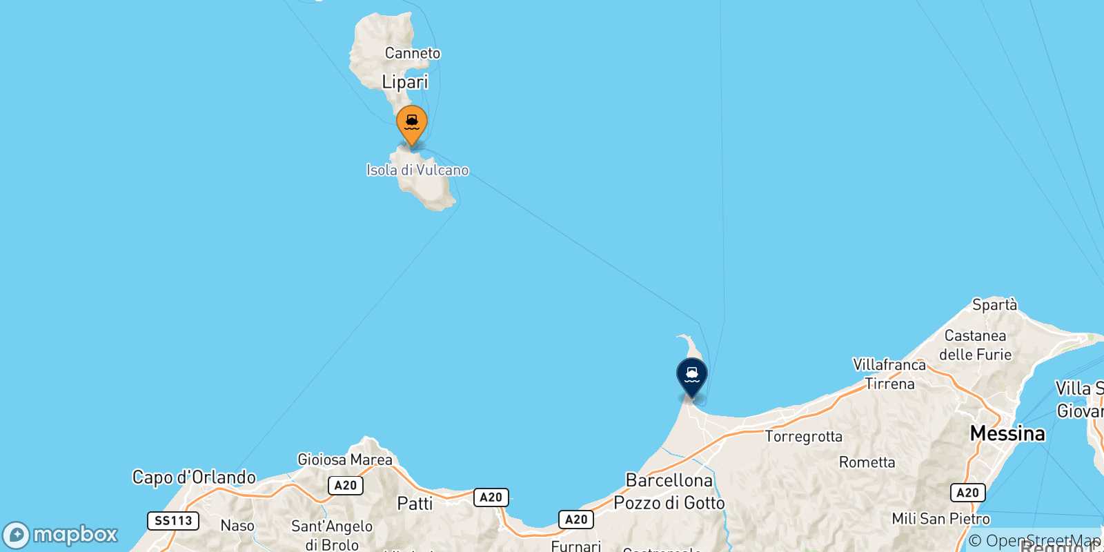 Carte des traversées possibles entre Vulcano et la Sicile