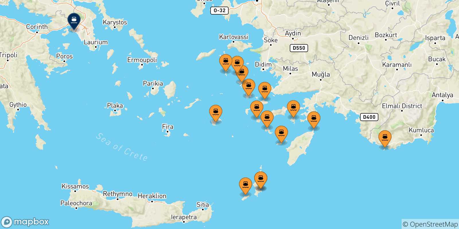 Carte des traversées possibles entre Îles Du Dodécanèse et Le Piree