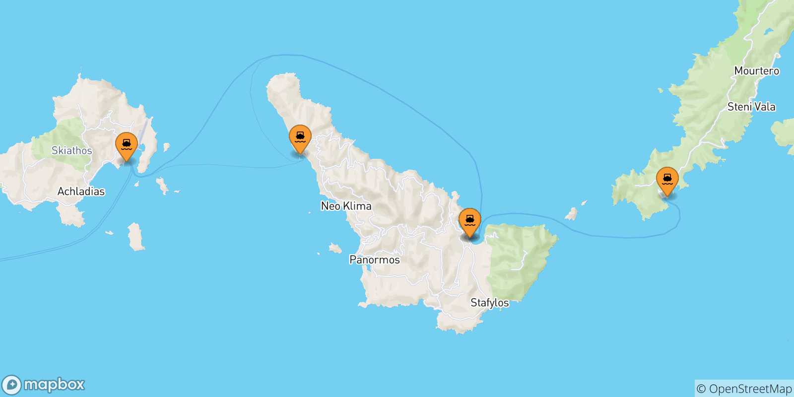 Carte des traversées possibles entre les Îles Sporades et Skiathos