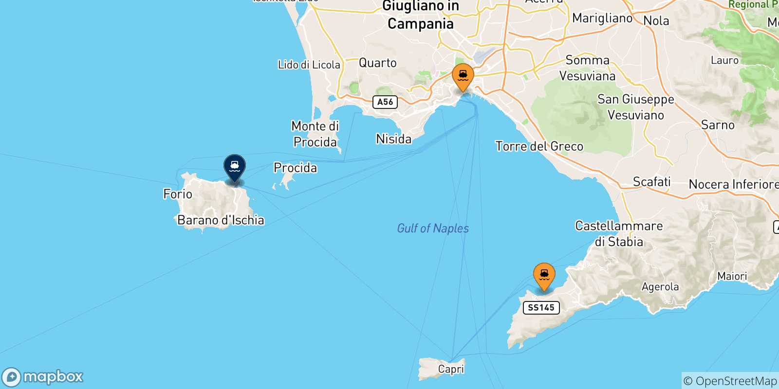 Carte des traversées possibles entre l'Italie et Ischia