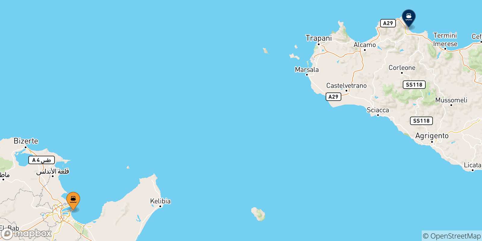 Carte des traversées possibles entre la Tunisie et Palerme
