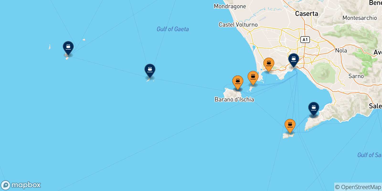 Carte des traversées possibles entre le Golf De Naples et l'Italie