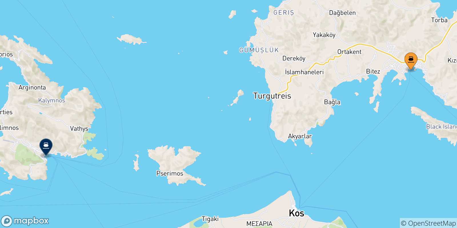 Carte des traversées possibles entre la Turquie et Kalymnos