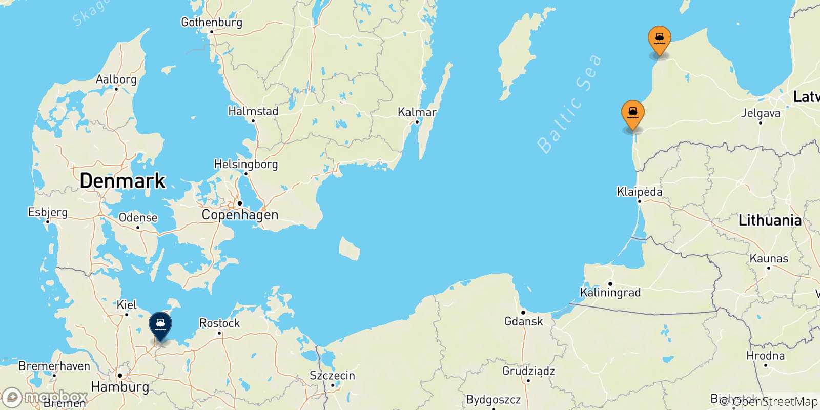 Carte des traversées possibles entre Lettonie et Travemünde