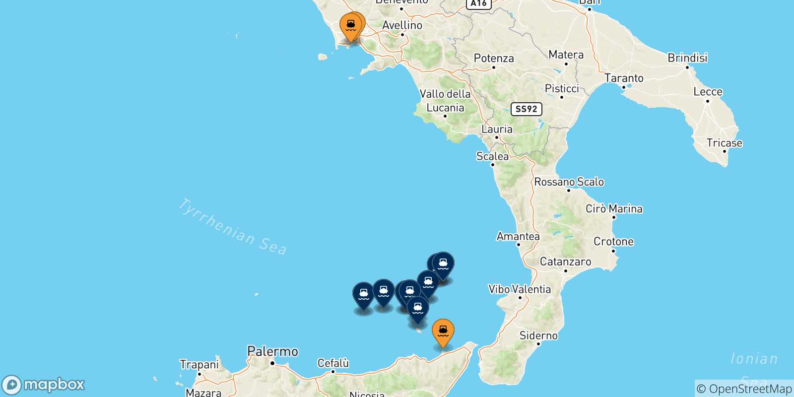 Carte des traversées possibles entre l'Italie et les Îles Éoliennes