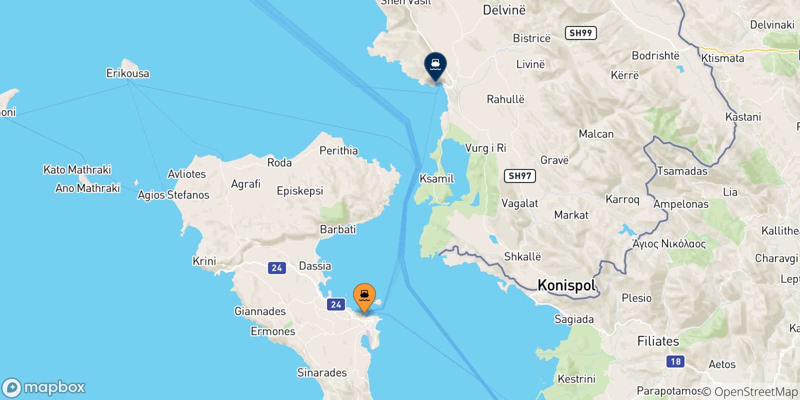 Carte des traversées possibles entre Corfou et l'Albanie