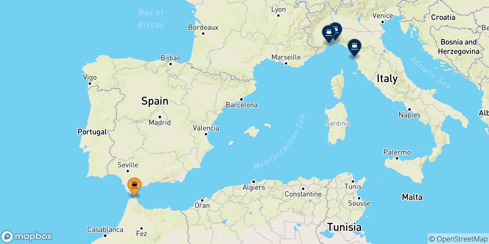 Carte des traversées possibles entre Tanger Med et l'Italie