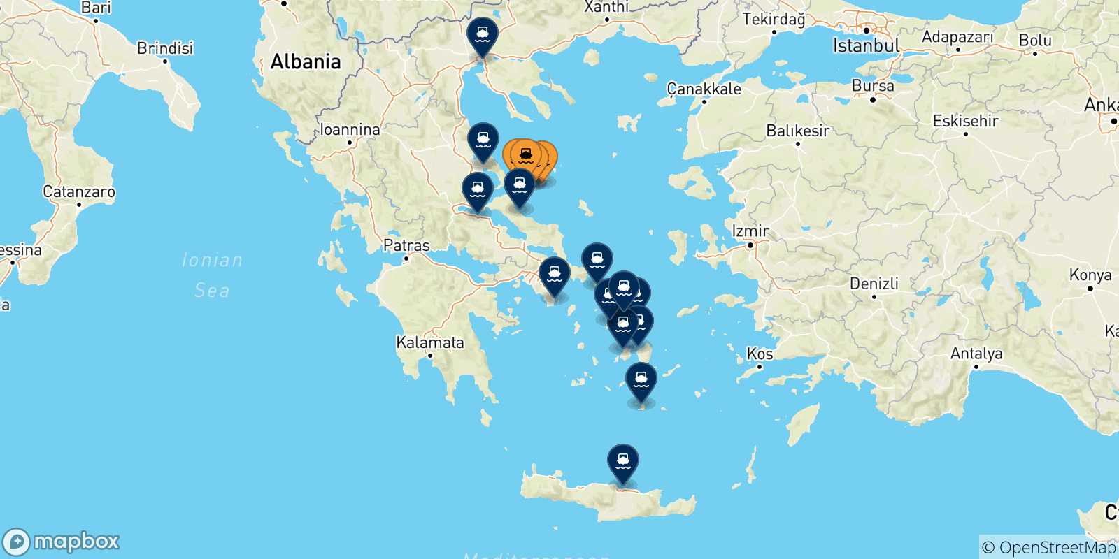 Carte des traversées possibles entre les Îles Sporades et la Grèce