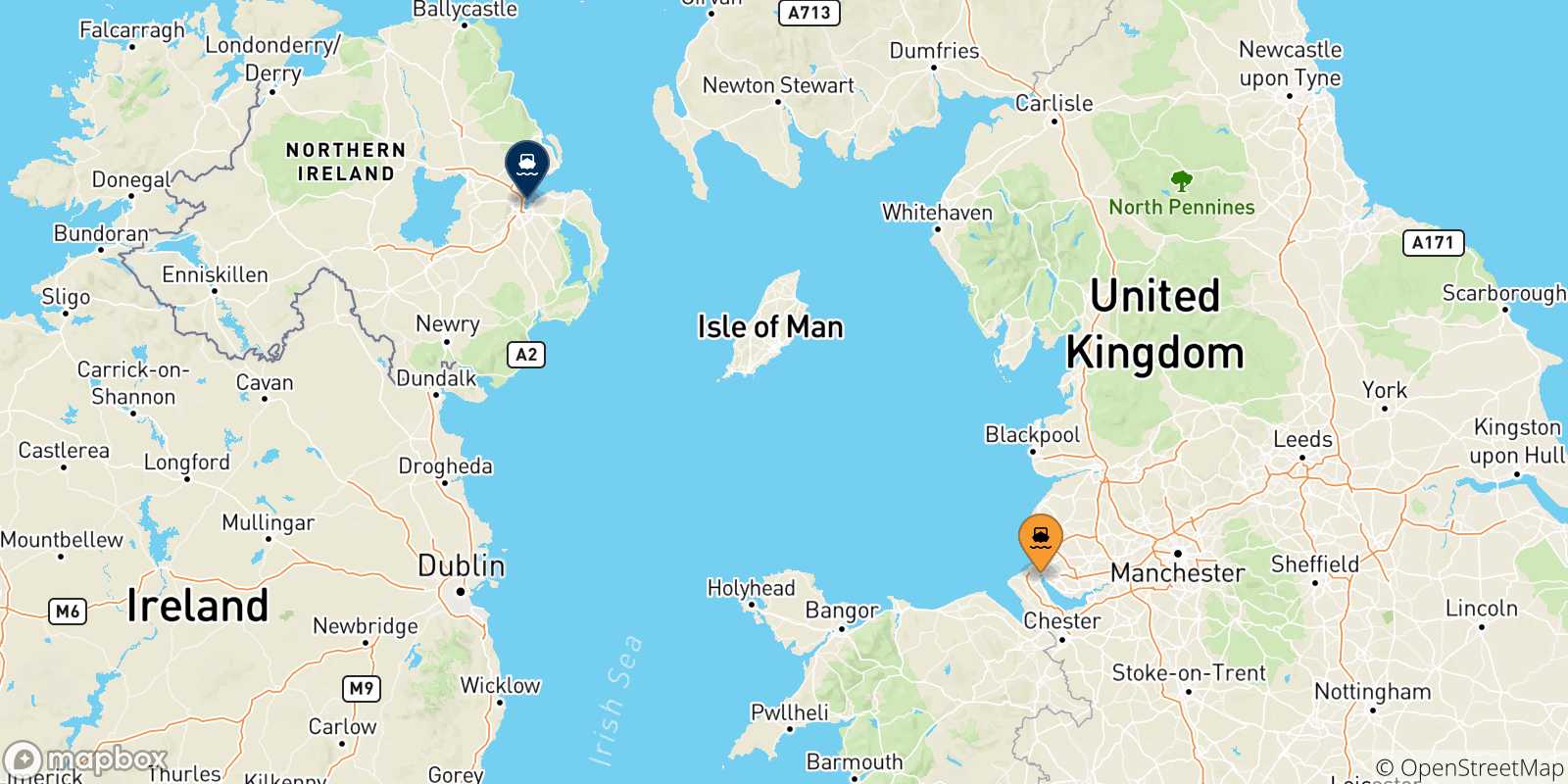 Carte des traversées possibles entre l'Angleterre et Belfast