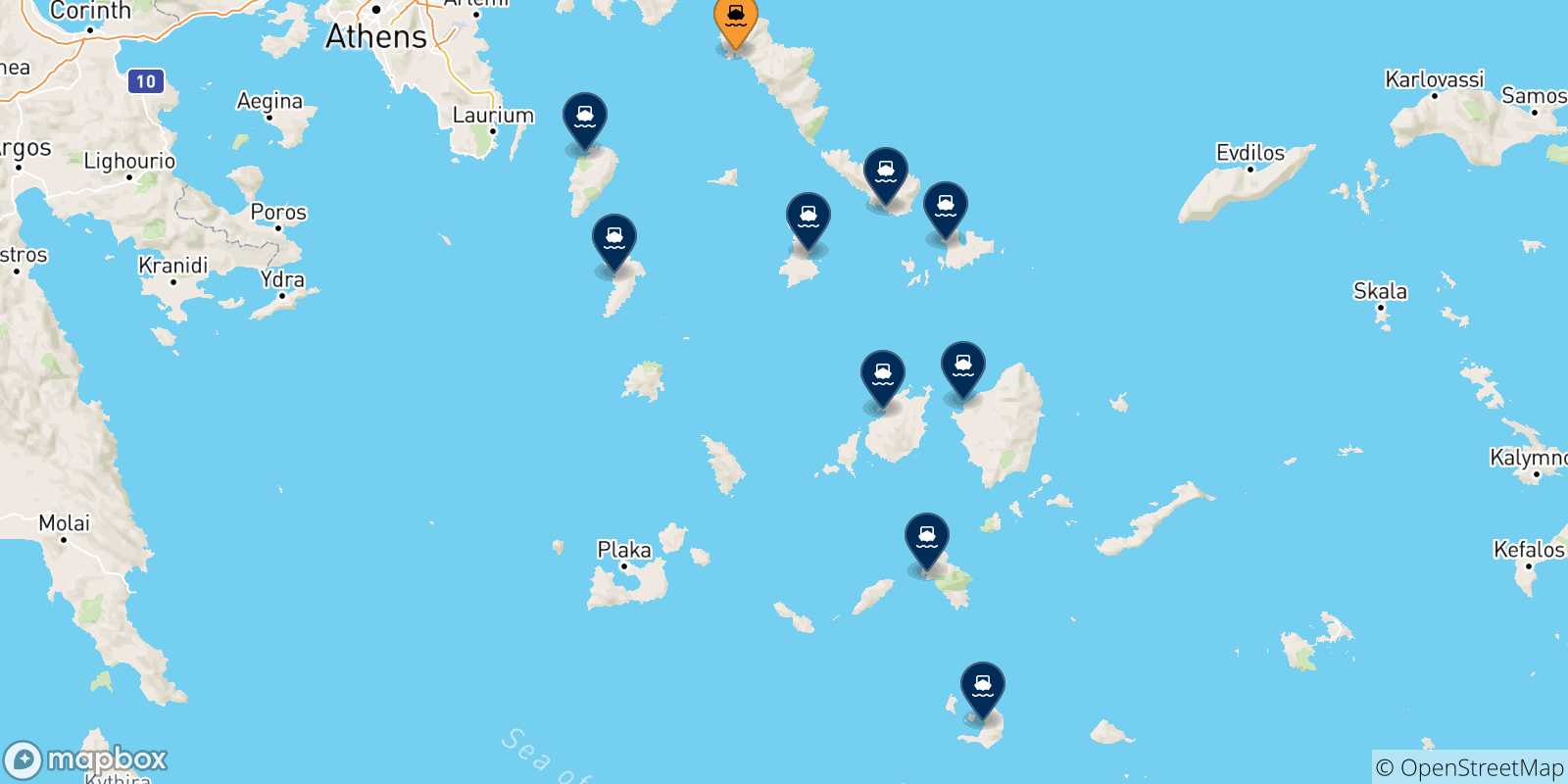 Carte des traversées possibles entre Andros et Îles Des Cyclades