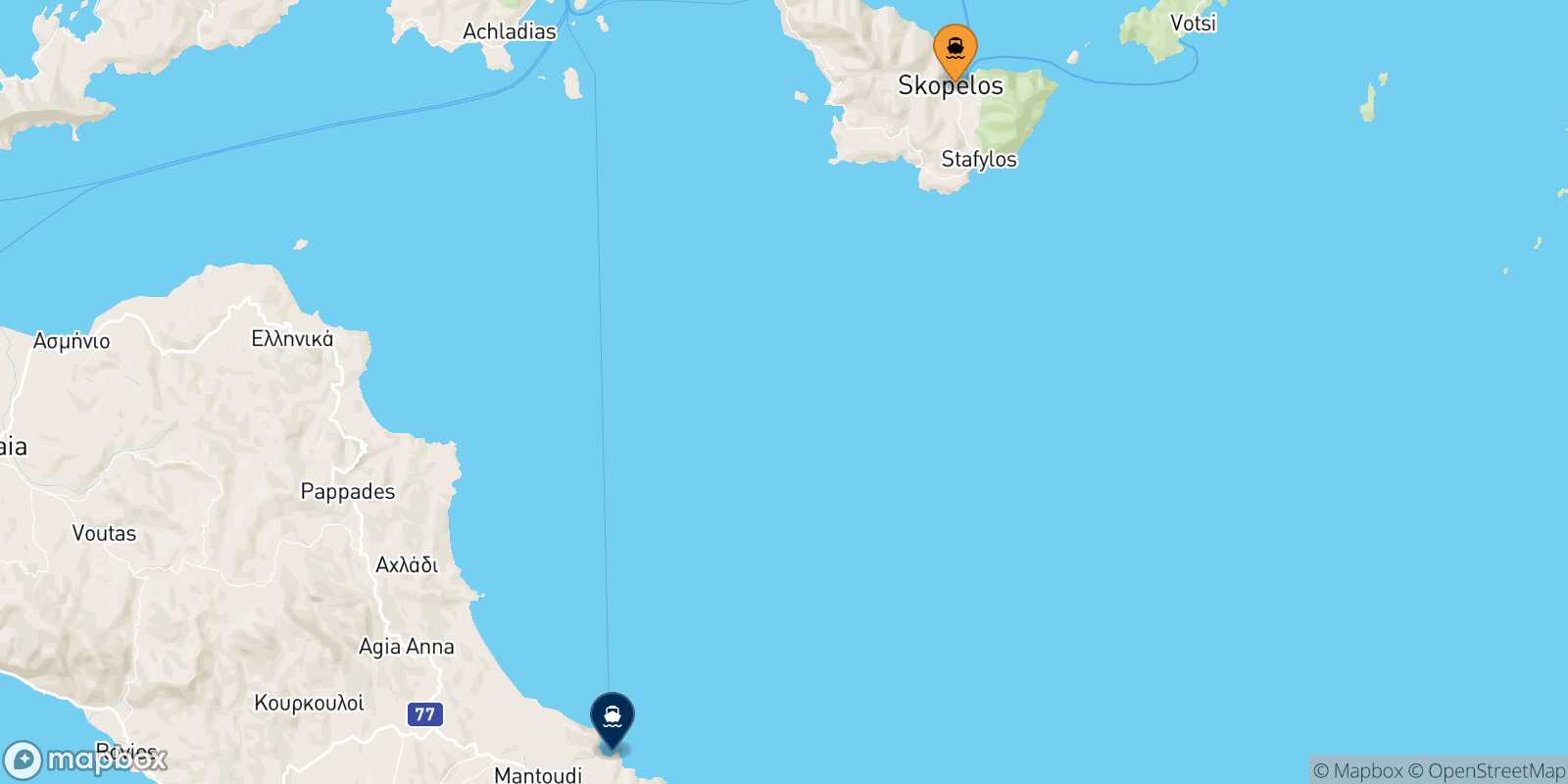 Carte des traverséesGlossa (Skopelos) Mantoudi (Evia)