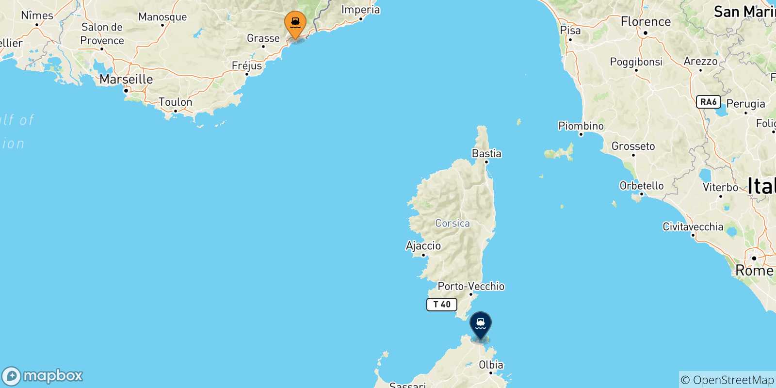 Carte des traversées possibles entre Nice et la Sardaigne