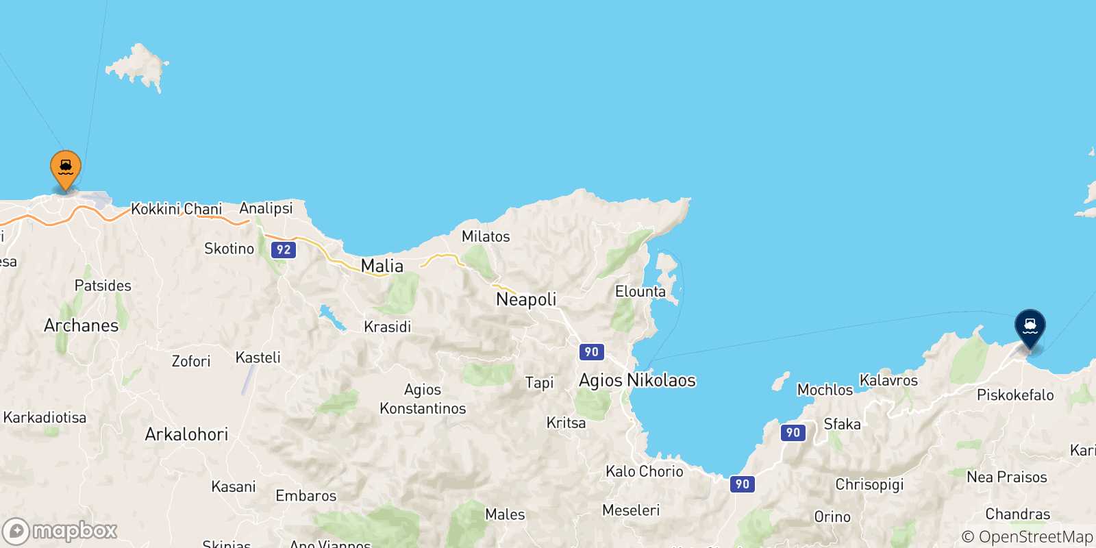 Carte des traversées possibles entre Heraklion et la Crète