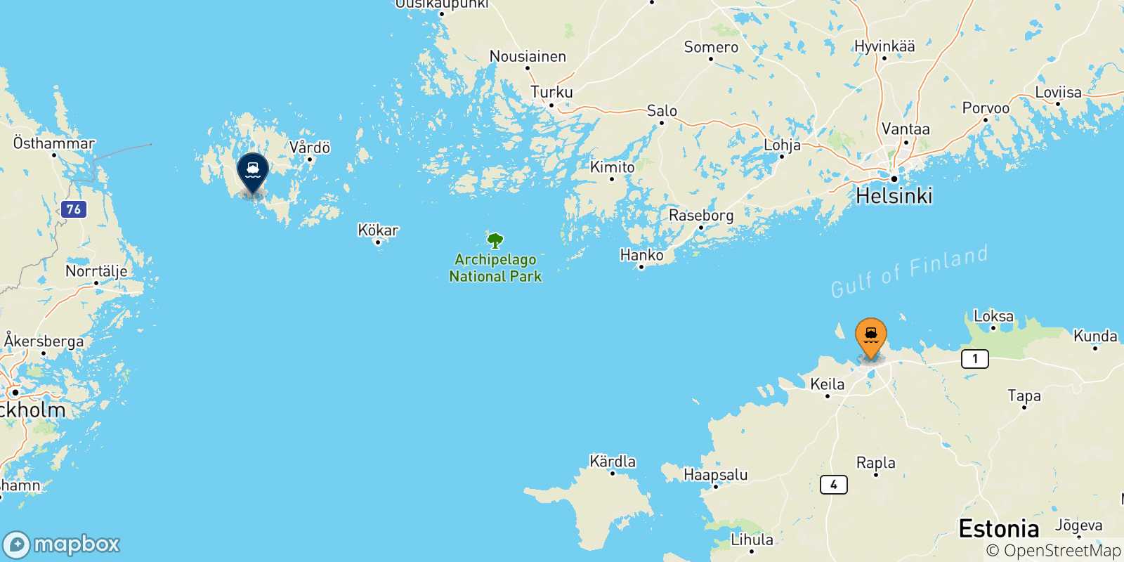 Carte des traversées possibles entre l'Estonie et Mariehamn