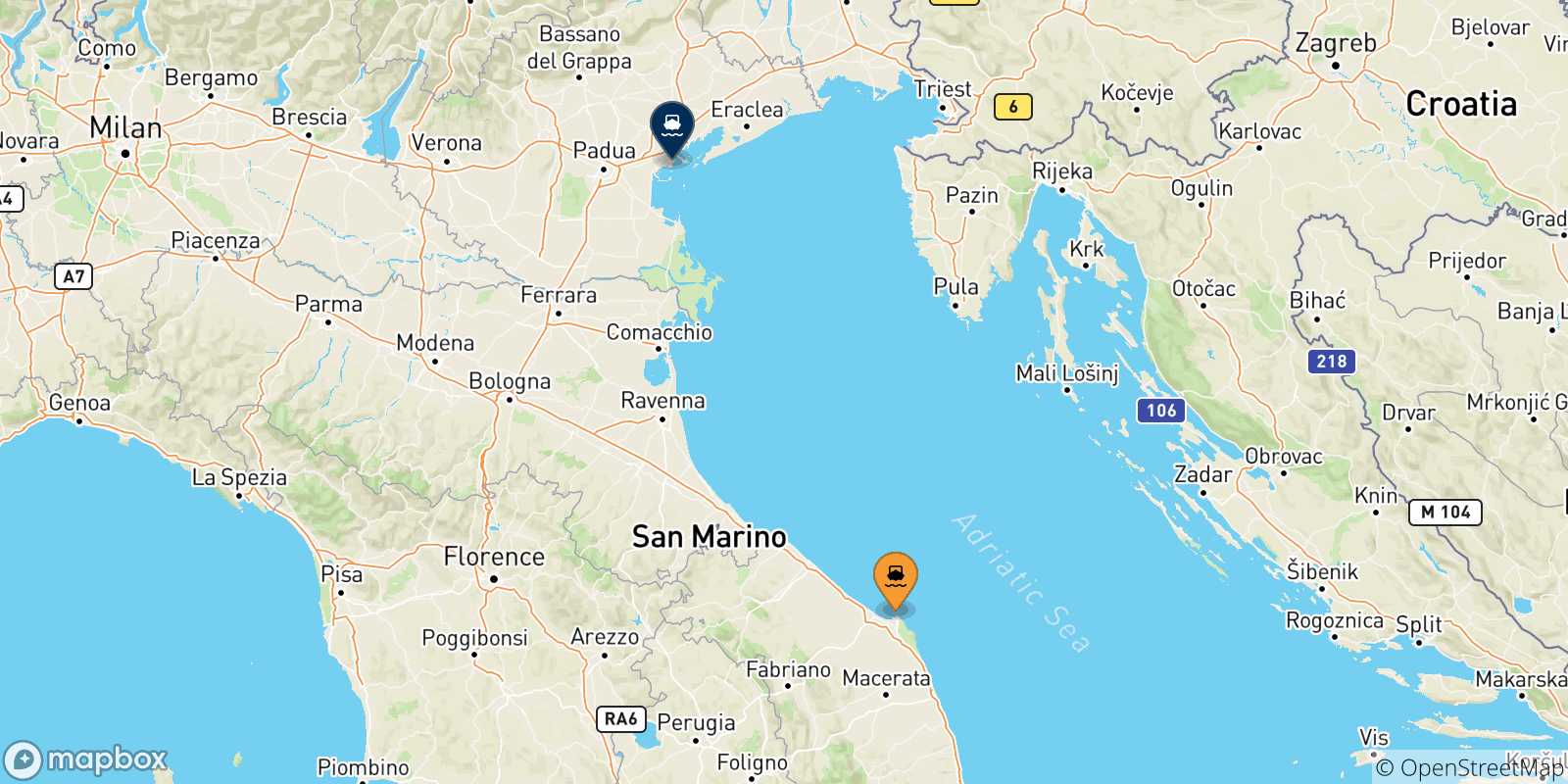 Carte des traversées possibles entre l'Italie et Venise