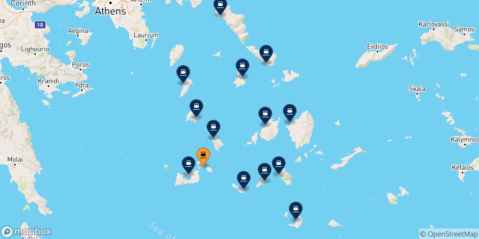 Carte des traversées possibles entre Kimolos et Îles Des Cyclades