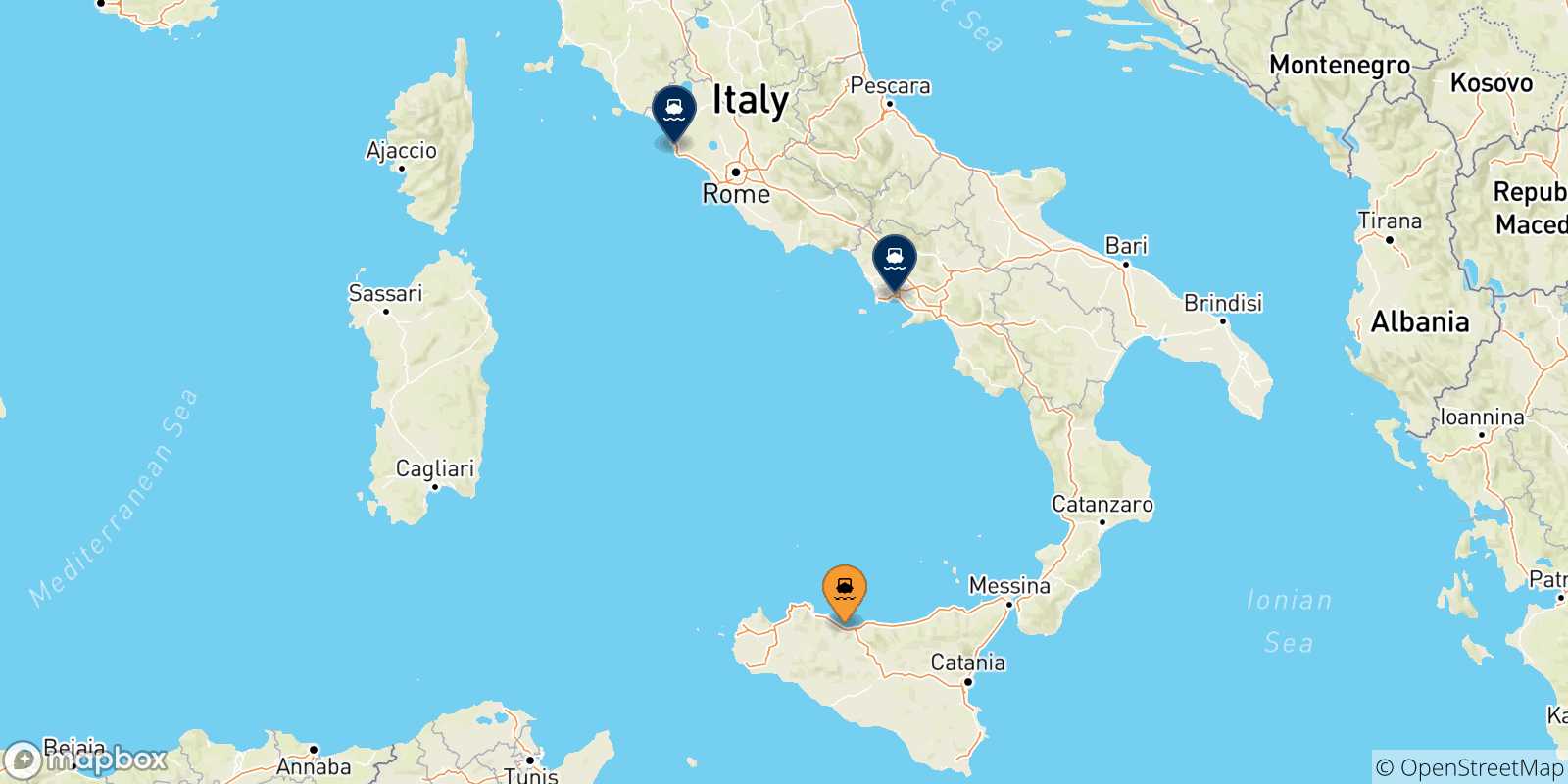 Carte des traversées possibles entre Termini Imerese et l'Italie