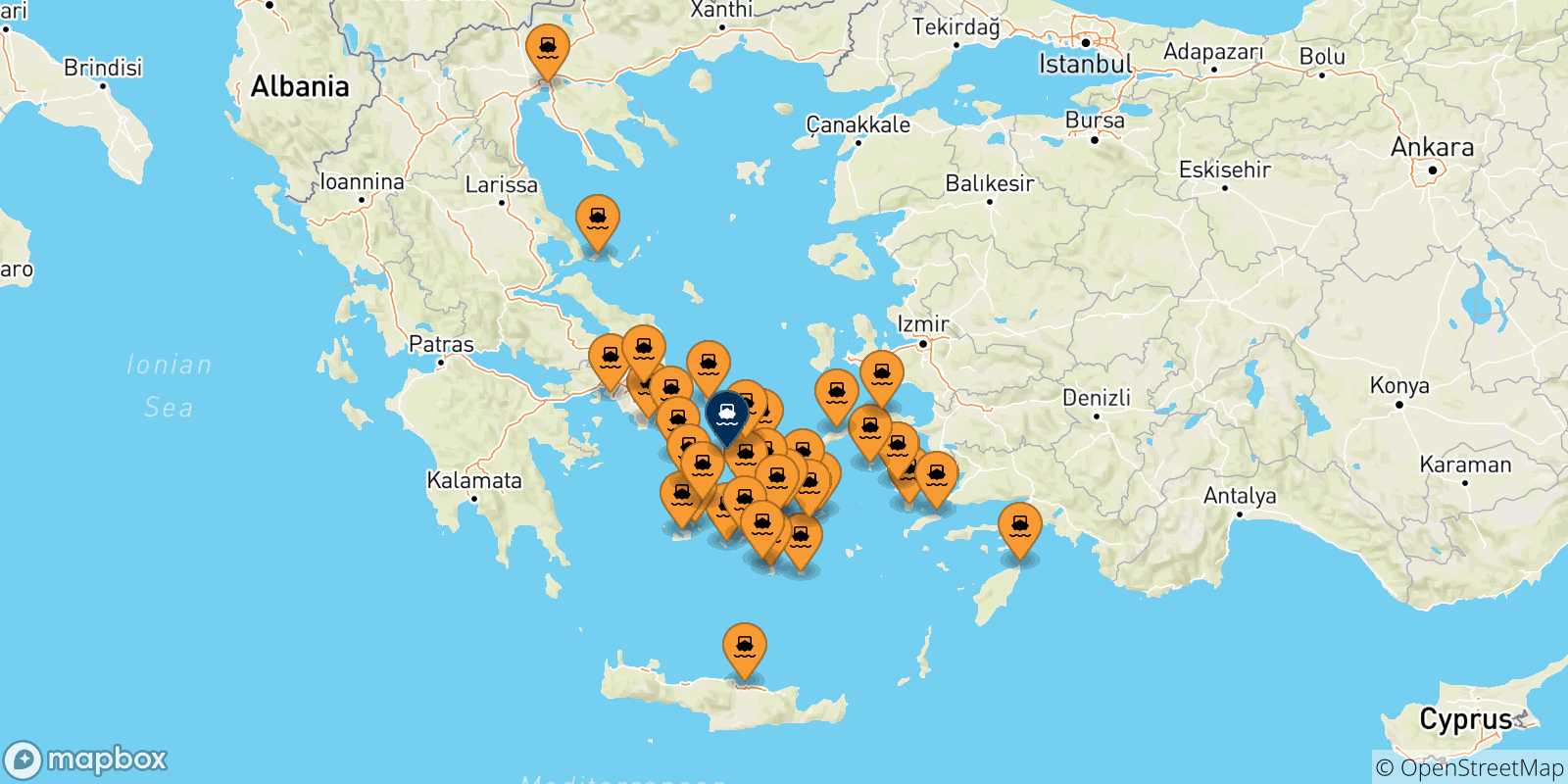 Carte des traversées possibles entre la Grèce et Syros