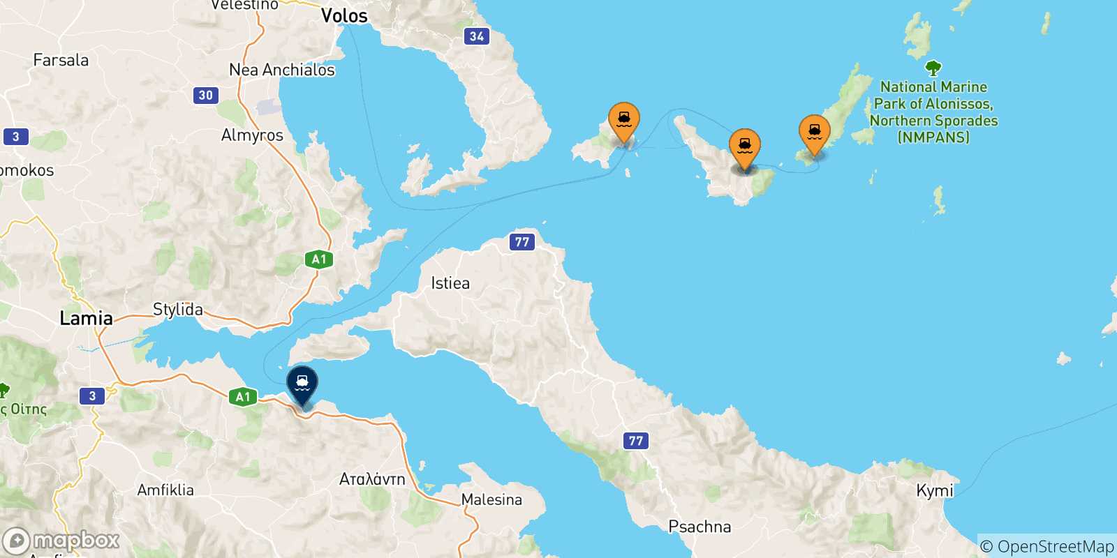 Carte des traversées possibles entre la Grèce et Agios Konstantinos