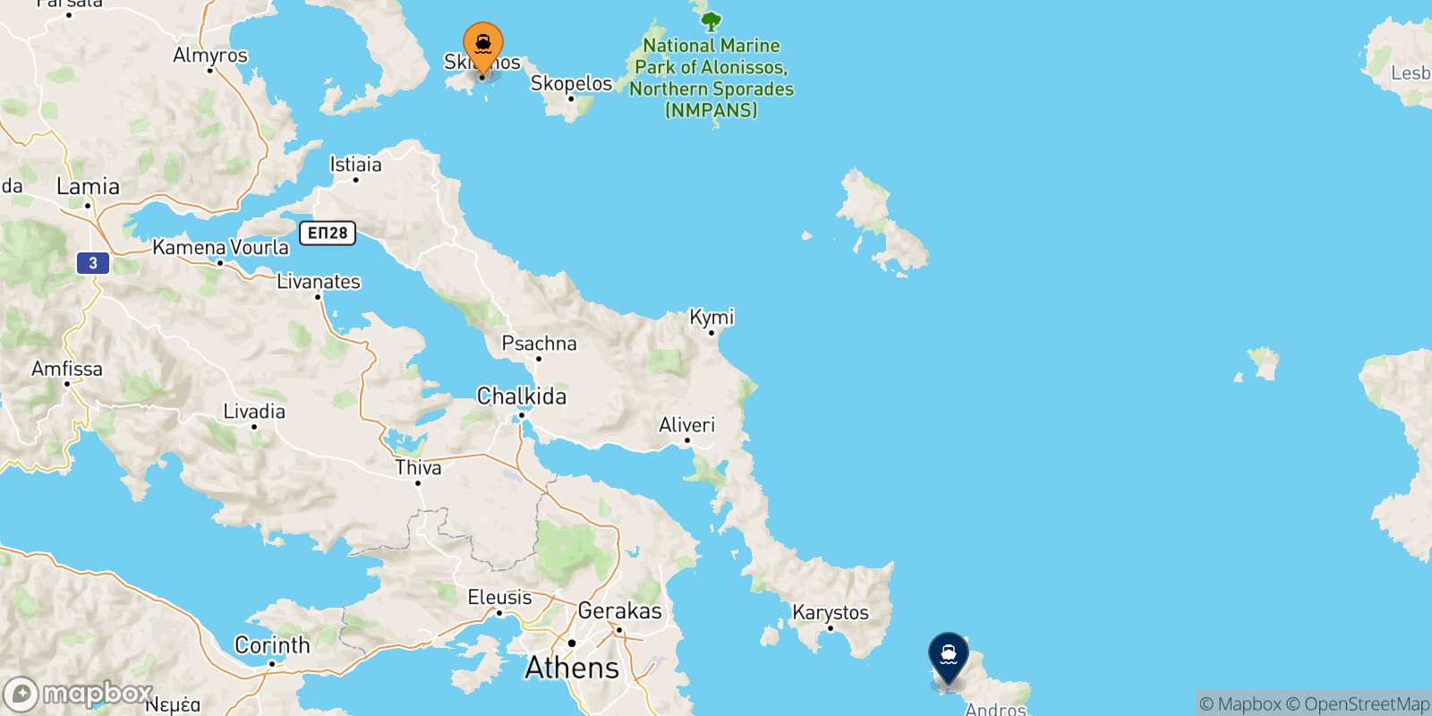 Carte des traverséesSkiathos Andros