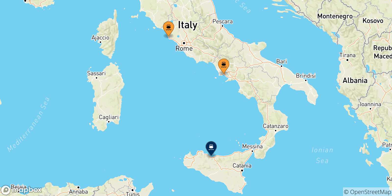 Carte des traversées possibles entre l'Italie et Termini Imerese