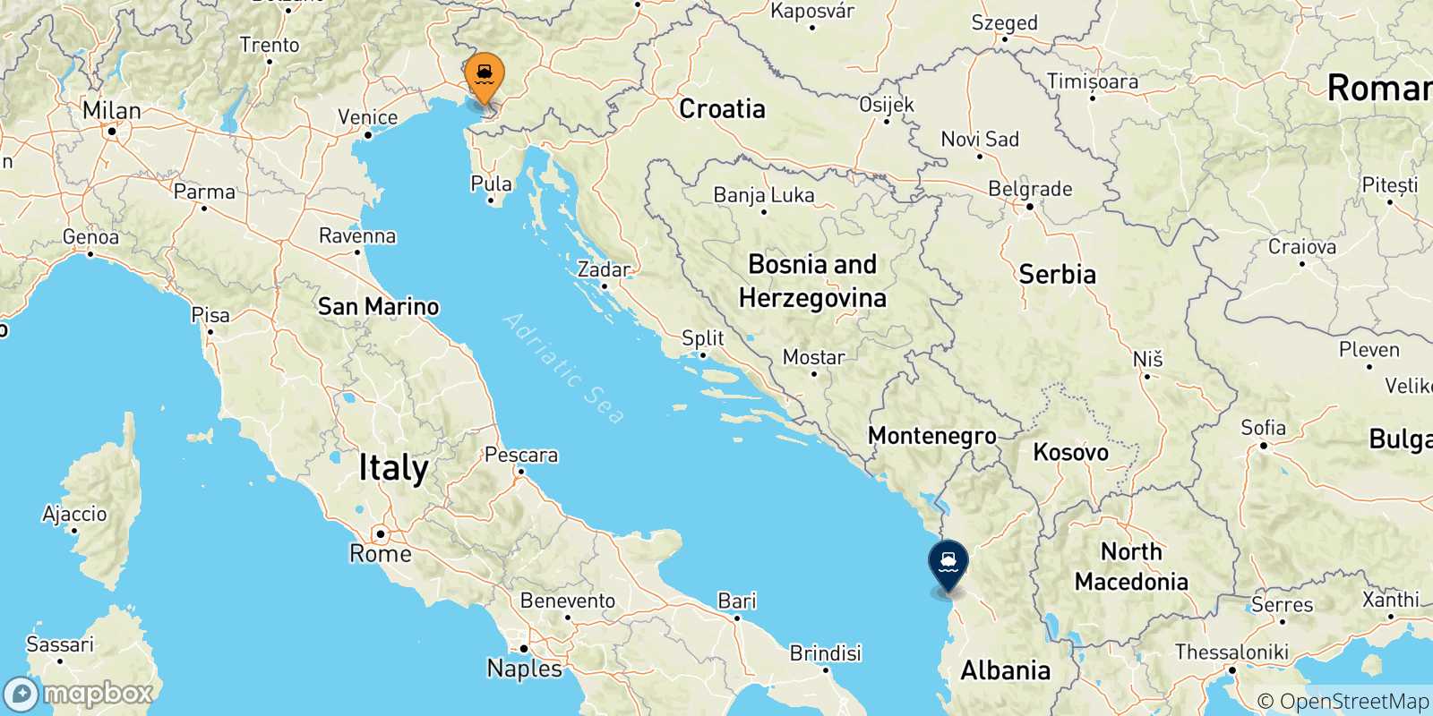 Carte des traversées possibles entre Trieste et l'Albanie