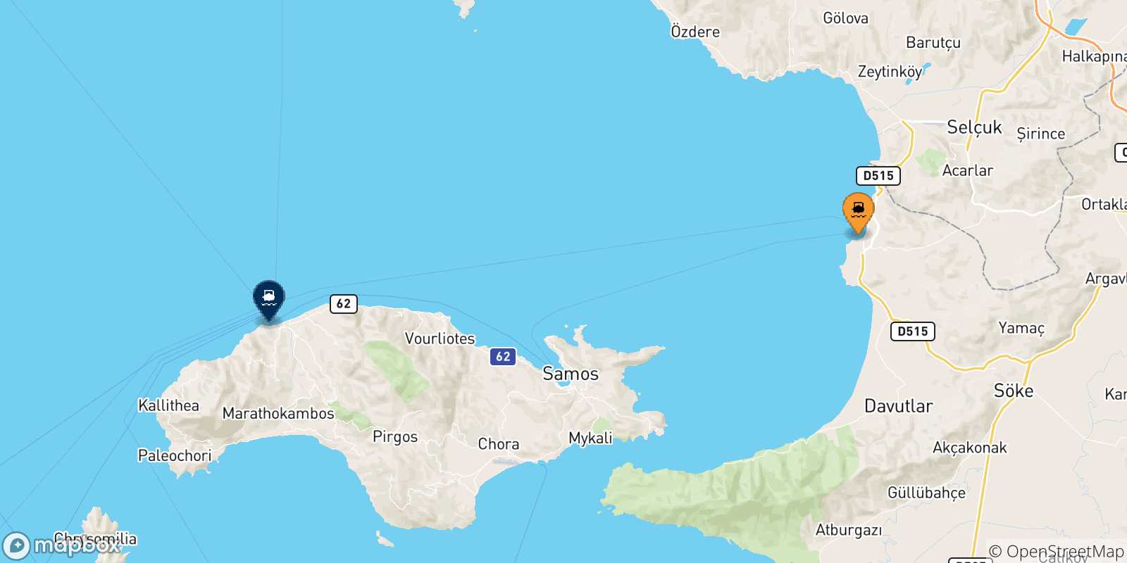 Carte des traversées possibles entre la Turquie et Pythagorio (Samos)