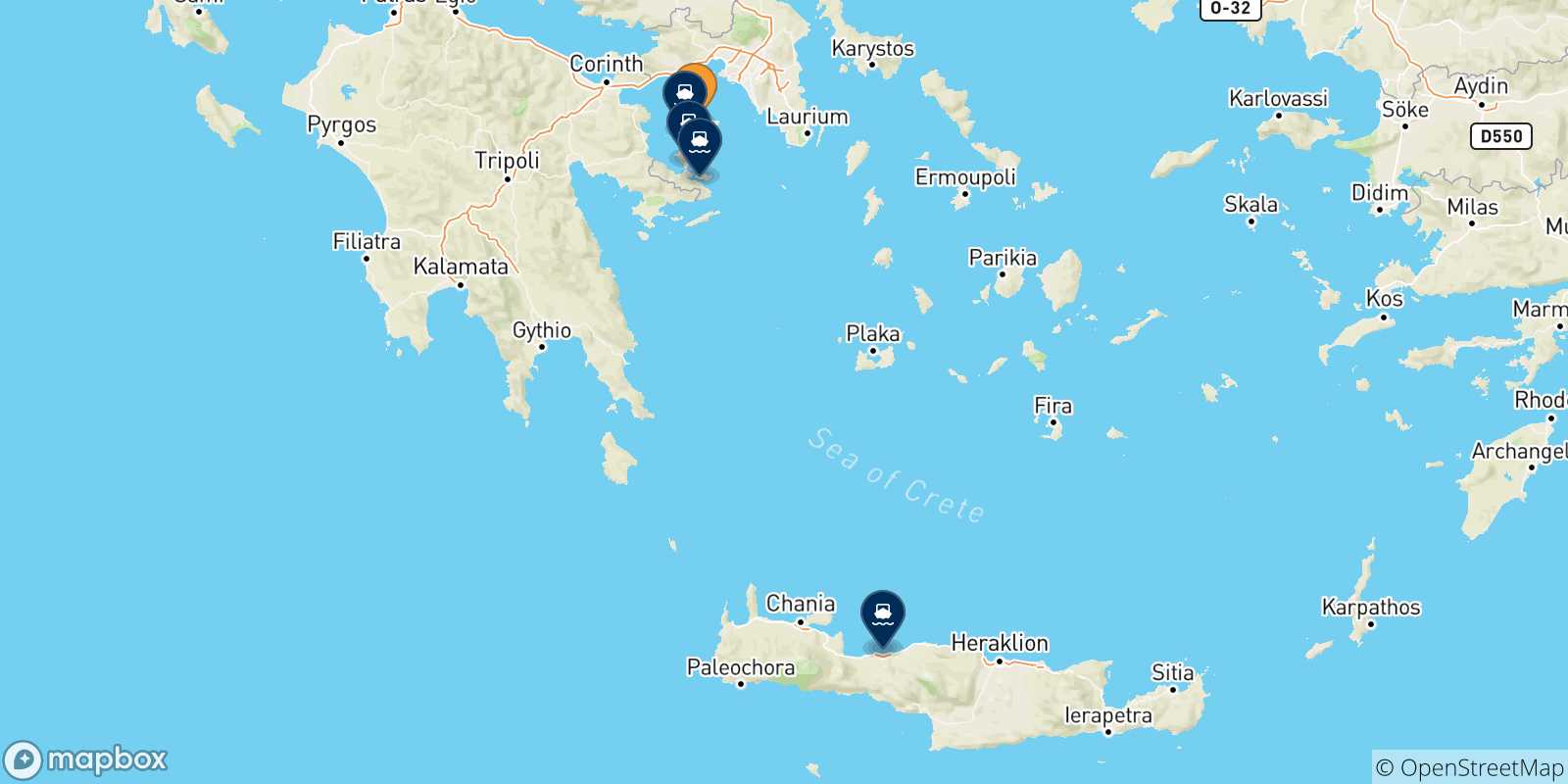 Carte des traversées possibles entre Égine et les Îles Saroniques